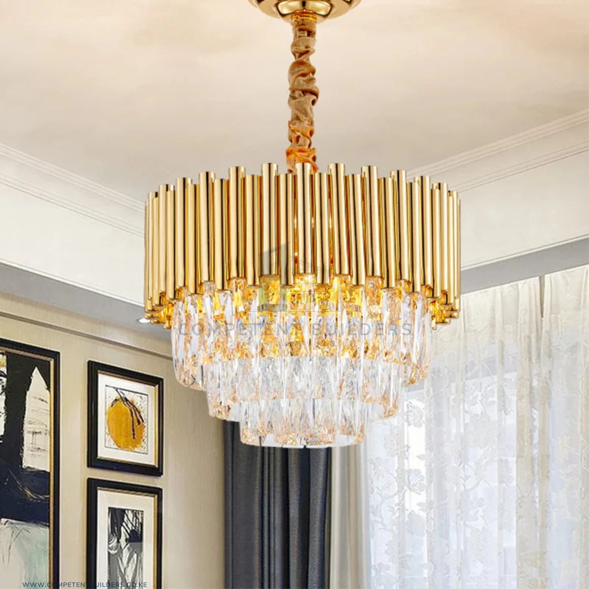 Golden Layered Hanging Crystal Prism Chandelier - 400mm - Image 2