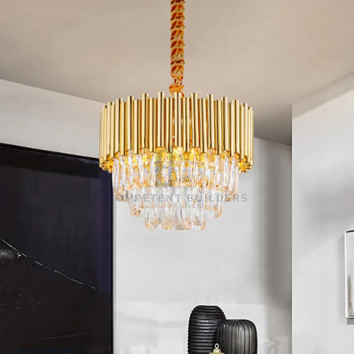 Golden Layered Hanging Crystal Prism Chandelier - 400mm - Image 3