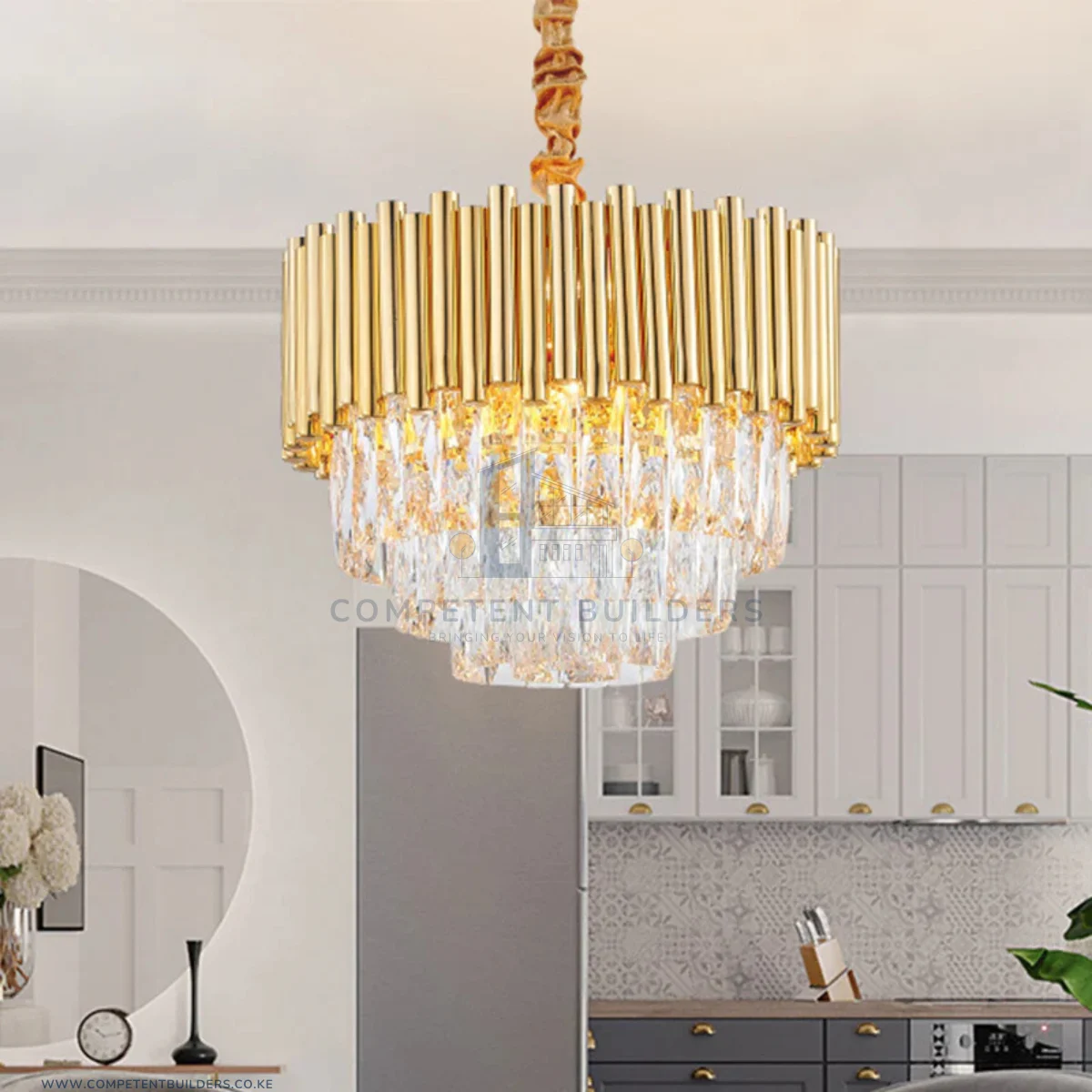 Golden Layered Hanging Crystal Prism Chandelier - 400mm - Image 4